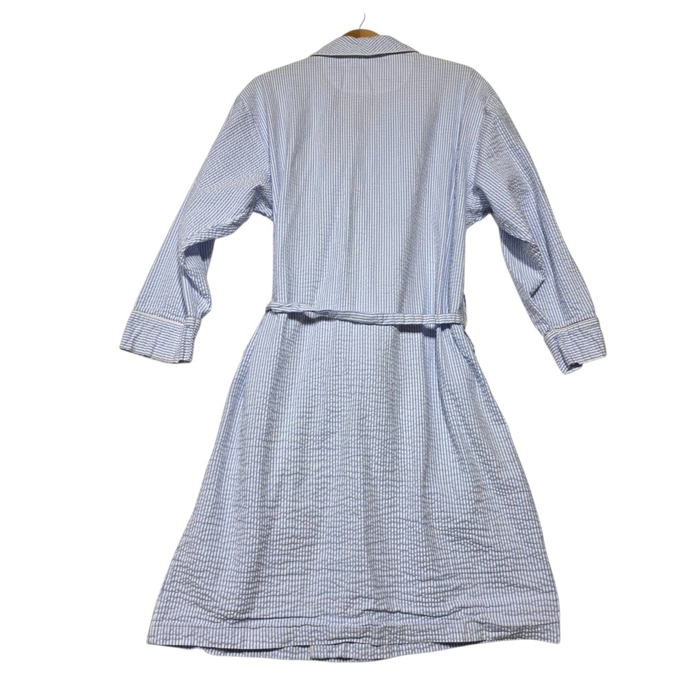 Vermont Country Store Robe Womens Medium Blue Seersucker Cotton Striped Belted - Picture 2 of 8